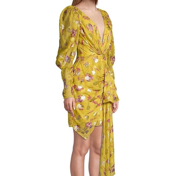 Flor et. al Cocktail Mini Dress Ruffle Floral Yellow Metallic Sz 4 - Picture 2 of 12